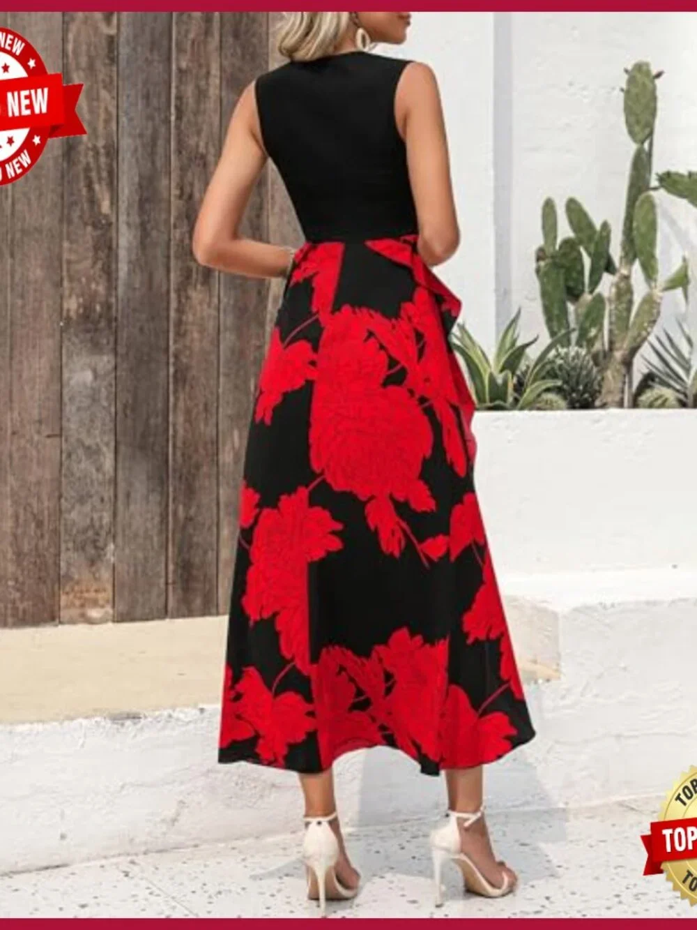Sleeveless Midi Dress Floral Ruffle A-Line High Waist Casual Party - Picture 5 of 7